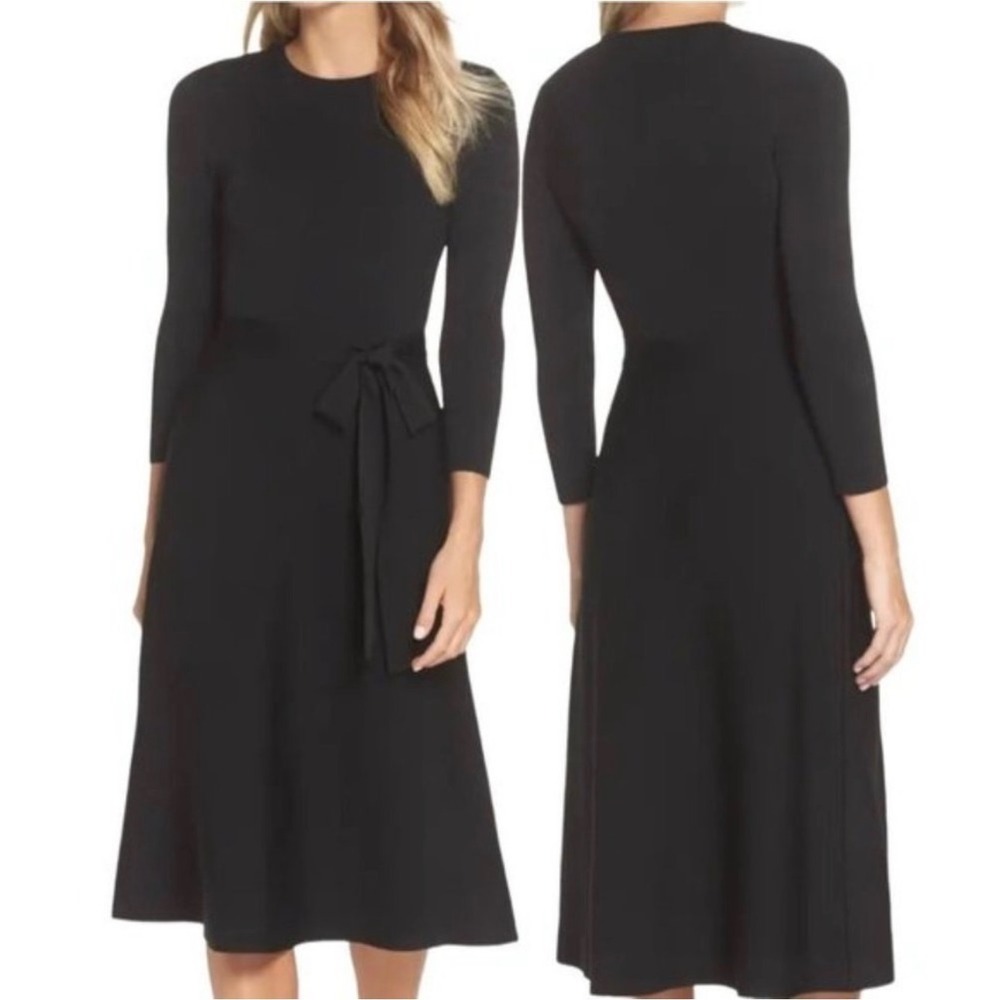 Eliza J Black Knit Fit and Flare Midi Sweater Dress 3/4 Sleeves Size XL Classic